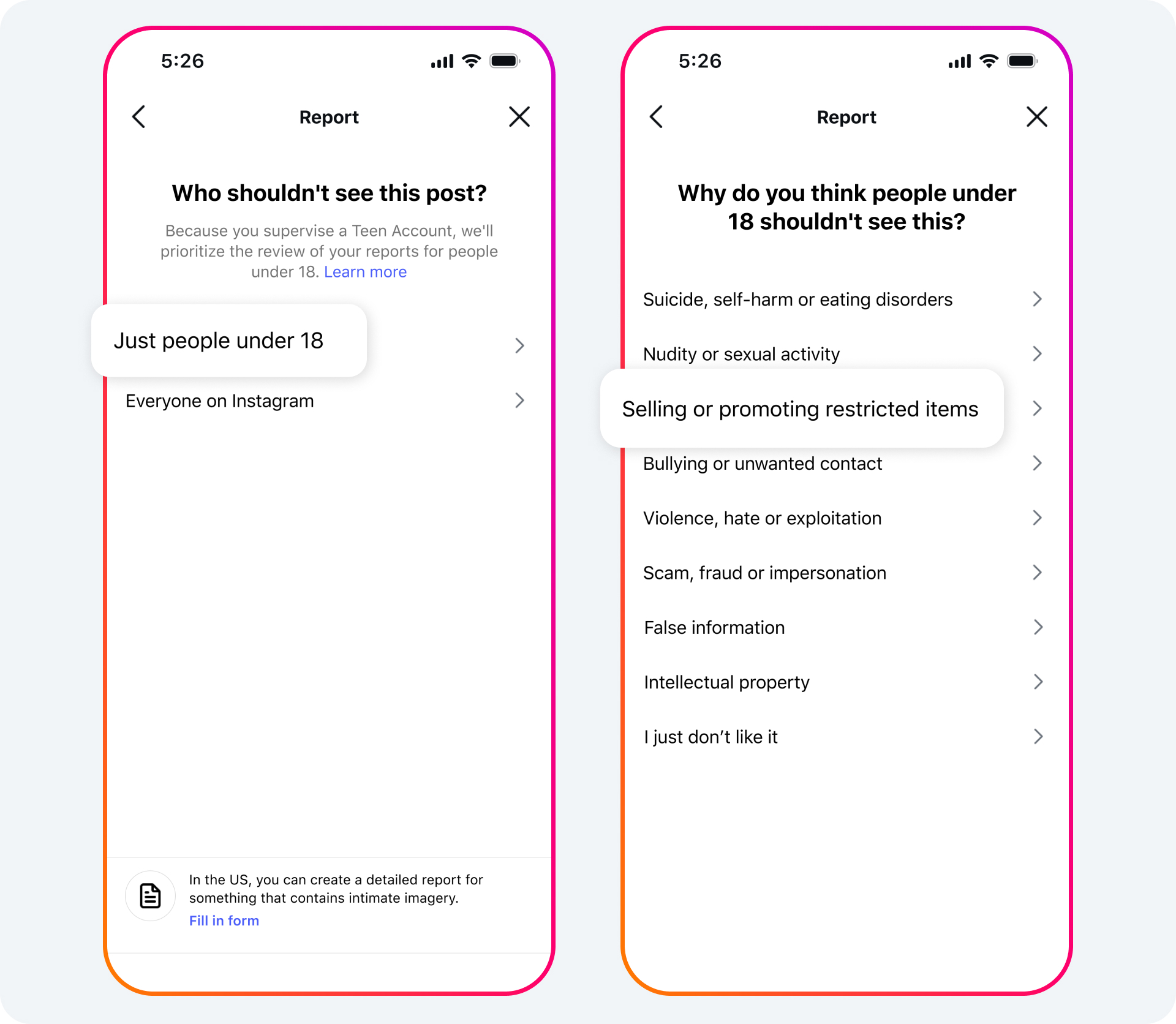 Screens showing UI for reporting content