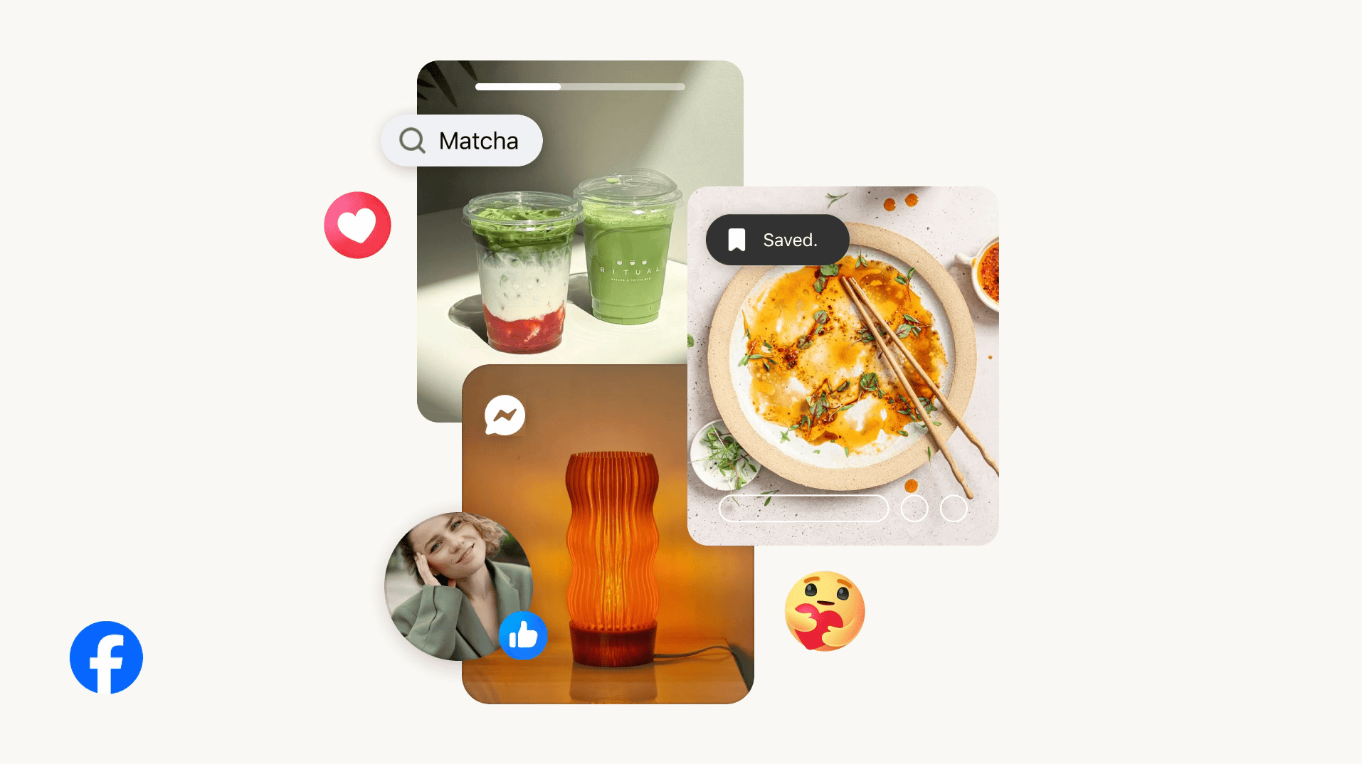 Image showing reels and posts on Facebook with the search, save, and message features highlighted on top
