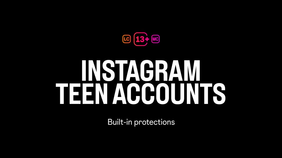 Image of words "Instagram Teen Accounts, Built-in protections" against a black background, alongside icons that represent the ratings system