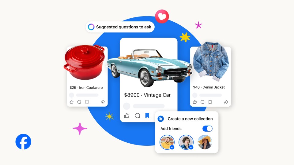 Collage of items including a car, jacket, and pot in FB Marketplace UI