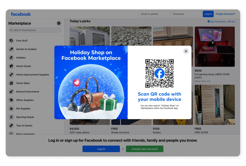 A Facebook Marketplace Holiday Shop QR code in front of a desktop screen showing Marketplace.