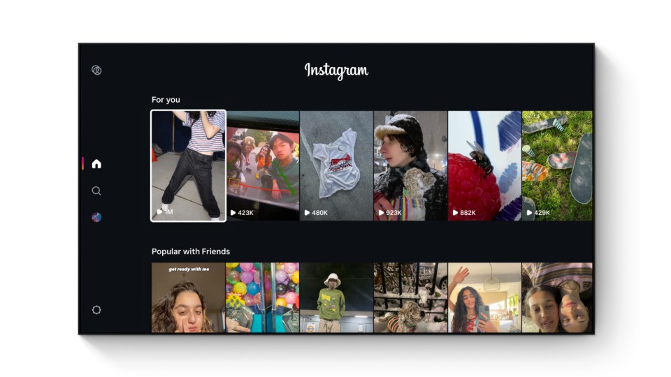 The homepage for Instagram for TV showing a reels selection menu