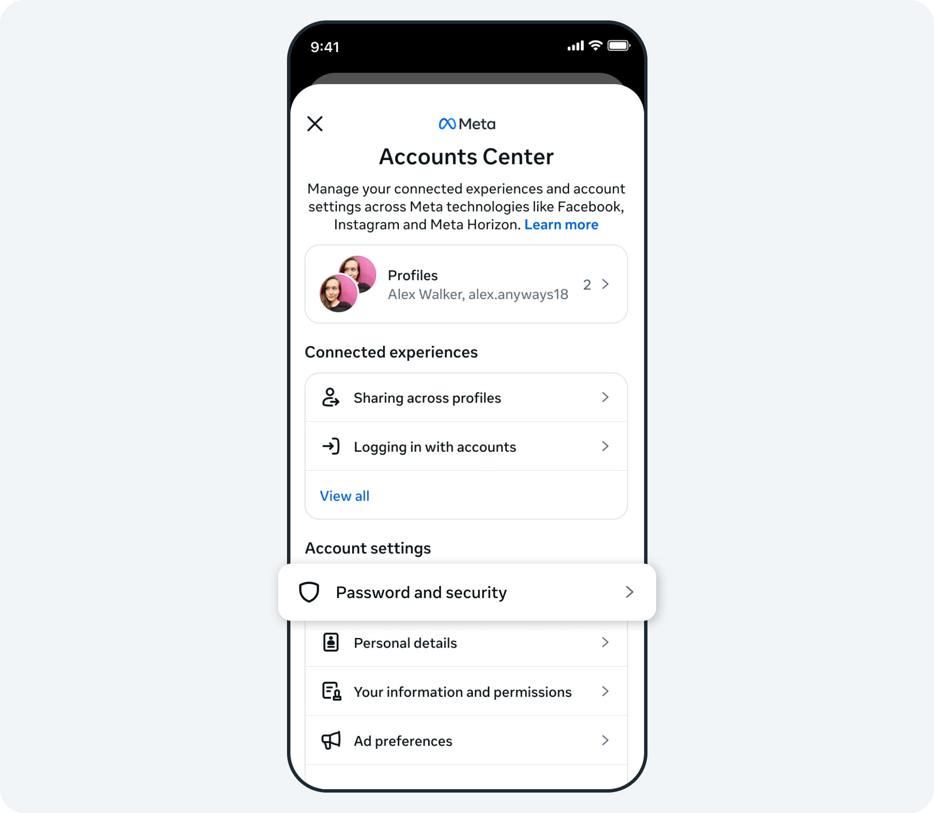 An image showing a Meta Accounts Center menu, highlighting the password and security option