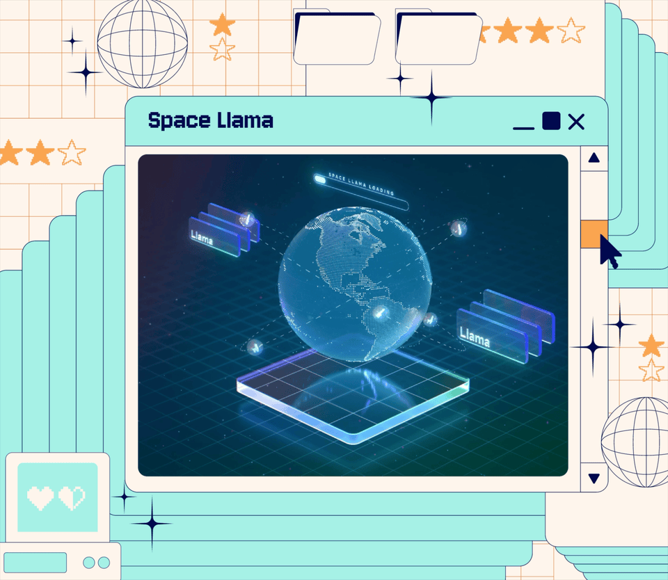 Illustration of a moving globe surrounded by the word "Llama" imposed on an illustration of a web browser