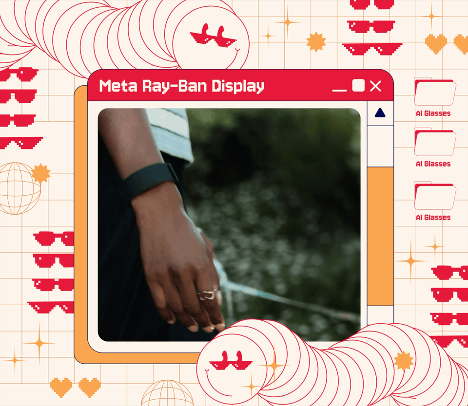 Video of person using Meta Ray-Ban Display imposed on an illustration of a web browser