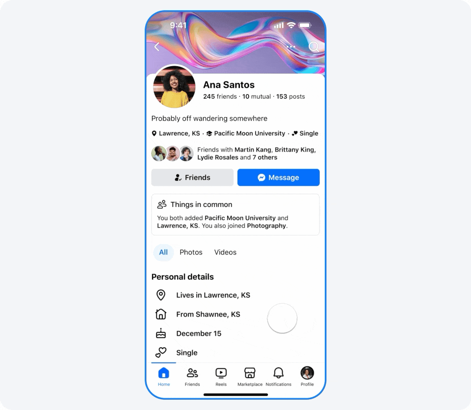 A GIF showing the refreshed Facebook profile updating experience