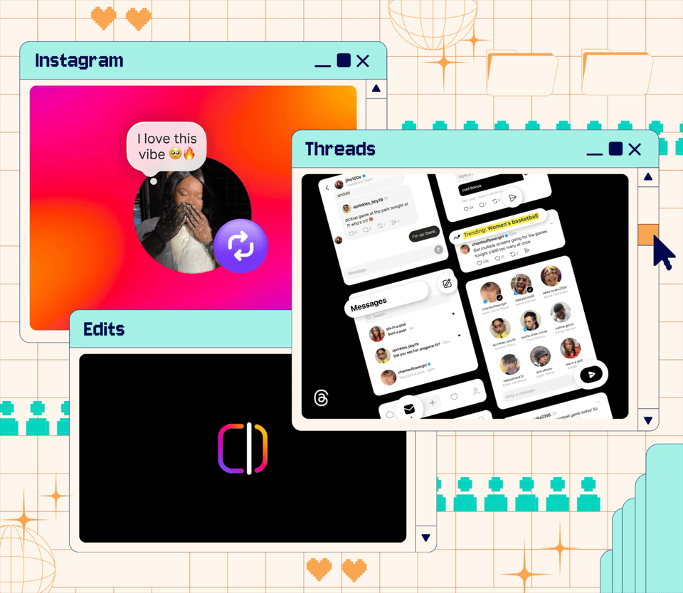 Collage of Instagram, Threads, and Edits features imposed on an illustration of a web browser