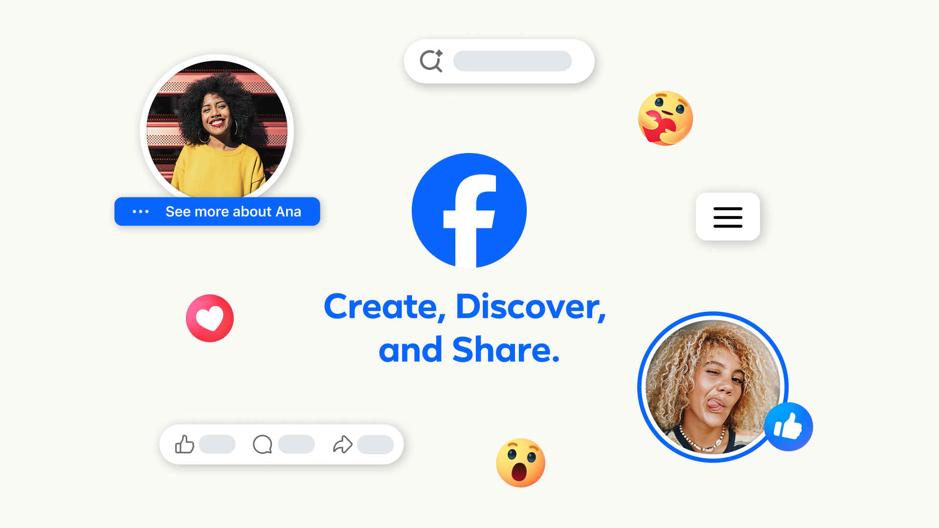 A Facebook logo surrounded by photos of two women, a hugging heart emoji, a wow face emoji, a heart emoji, and module to like, comment, or share