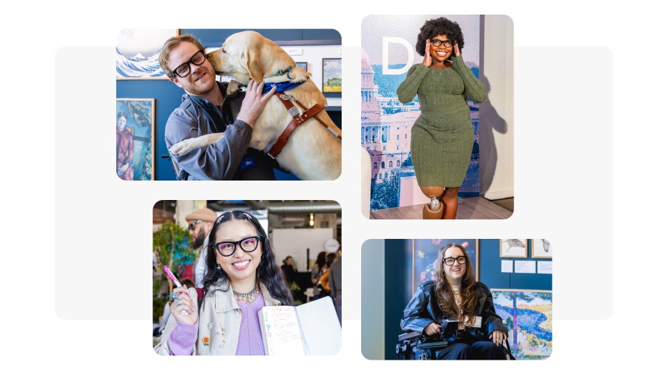 Photo collage of people with disabilities wearing Meta AI glasses
