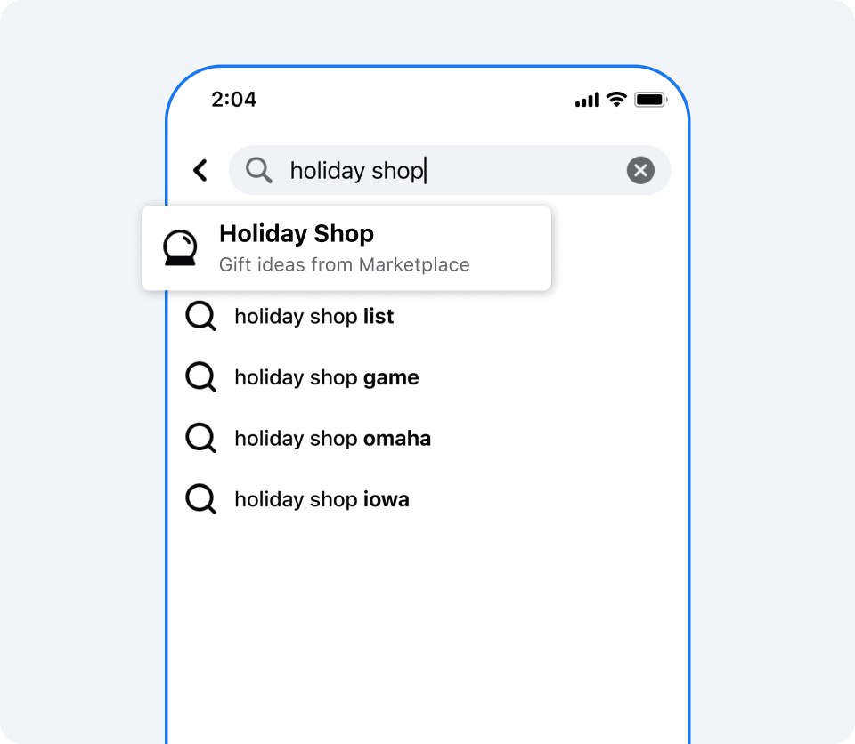 A Holiday Shop search being added to the search bar on Facebook Marketplace