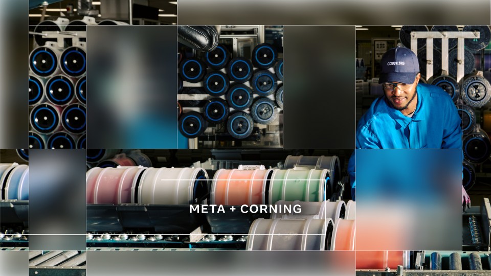 Collage of fiber optic cable factory with the text "Meta + Corning" overlaid