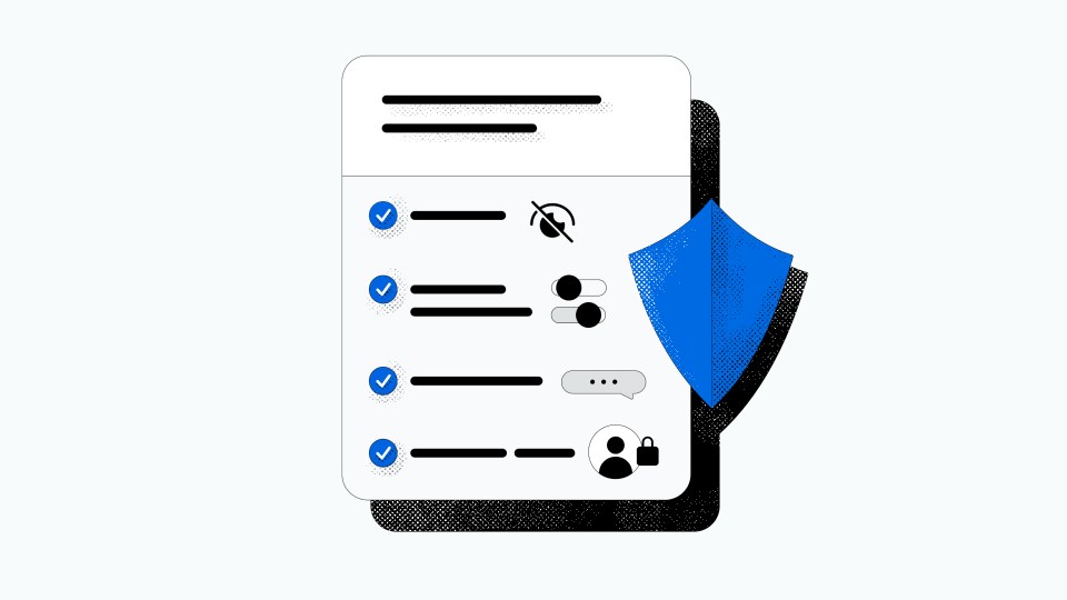 Illustration of a file overlaid with icons representing Meta's controls for teens