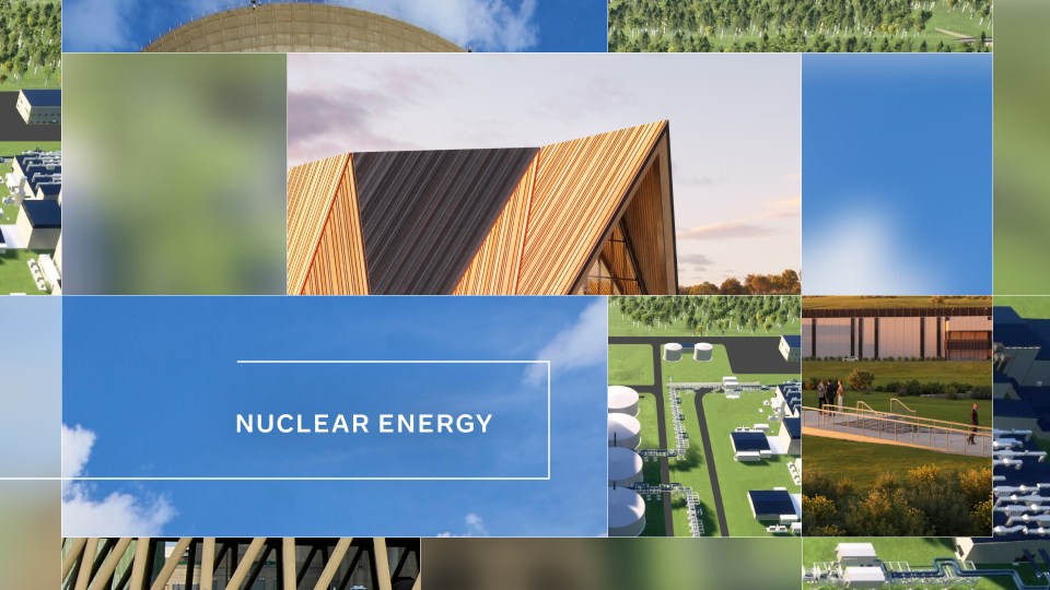 Collage of images of nuclear power plants with the text "nuclear energy" overlaid