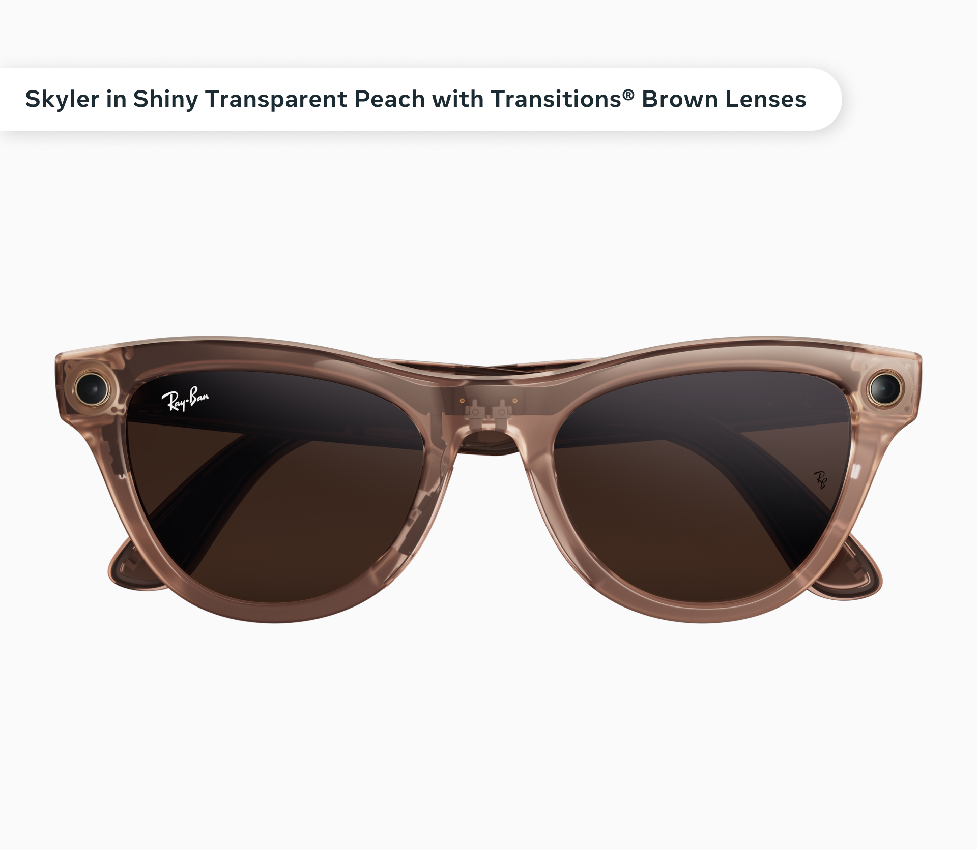 A photo of the Ray-Ban Meta (Gen 2) Skyler glasses in Shiny Transparent Peach glasses with Transitions® Brown Lenses.