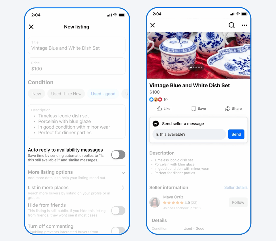 GIF showing the user interface to turn on auto replies on Facebook Marketplace.