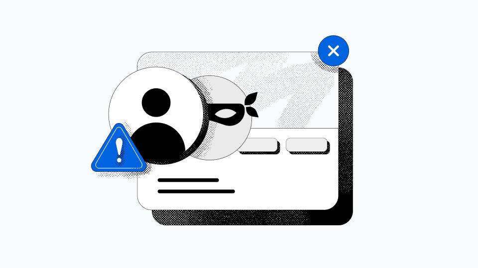 Abstract representation of an online scam, including symbols like a mask and a caution sign