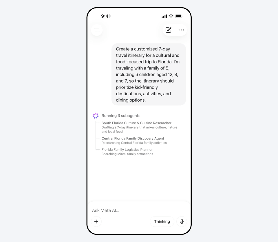 Phone screen capture showing Meta AI subagents