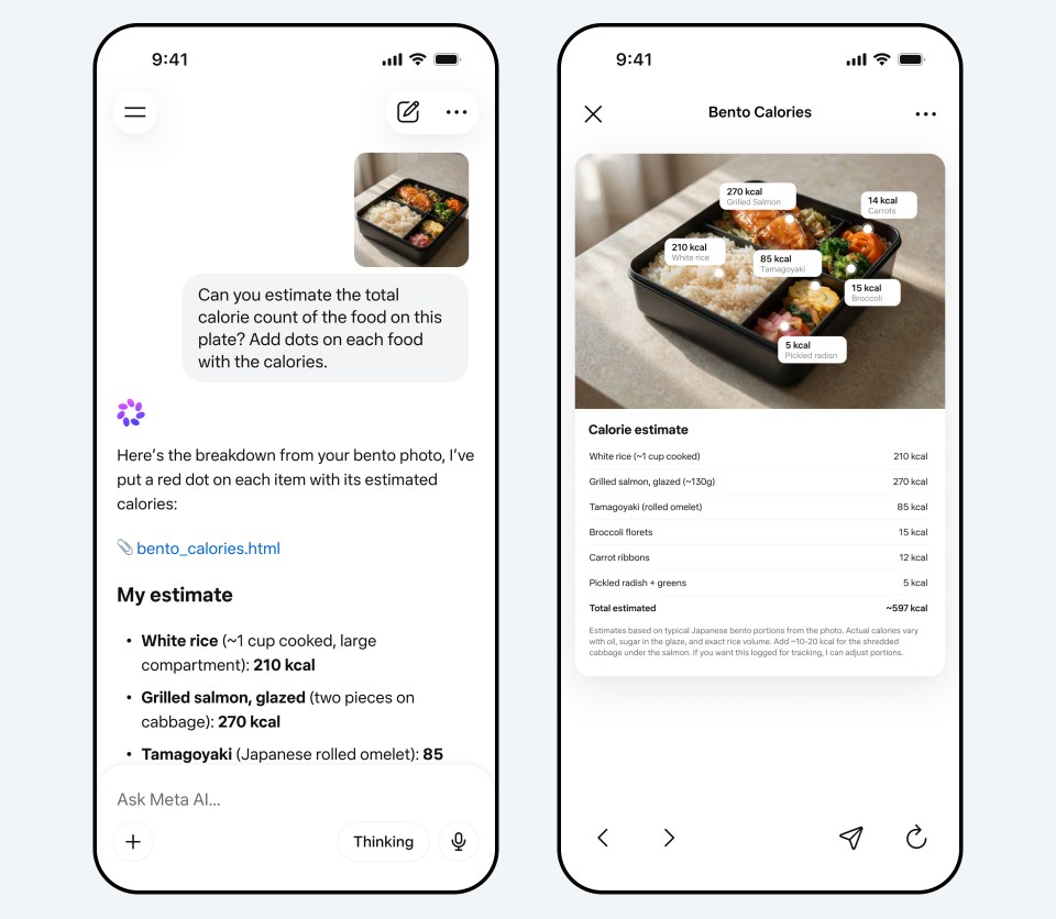 Two phone screens showing a chat with Meta AI estimating calorie count of food shown in a photo