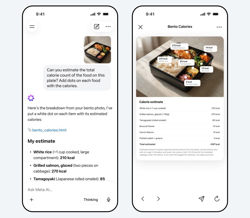 Two phone screens showing a chat with Meta AI estimating calorie count of food shown in a photo