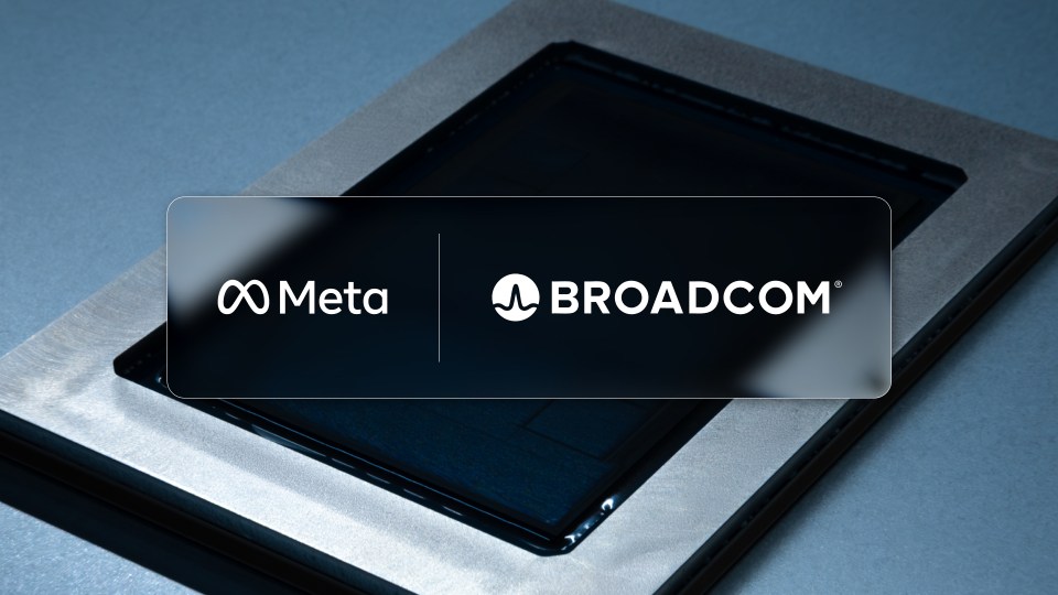 Meta and Broadcom logos in front of silicon chip image