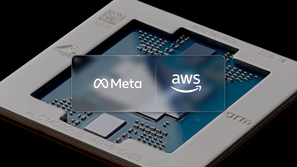 Meta and AWS logos over a photo of a processing core
