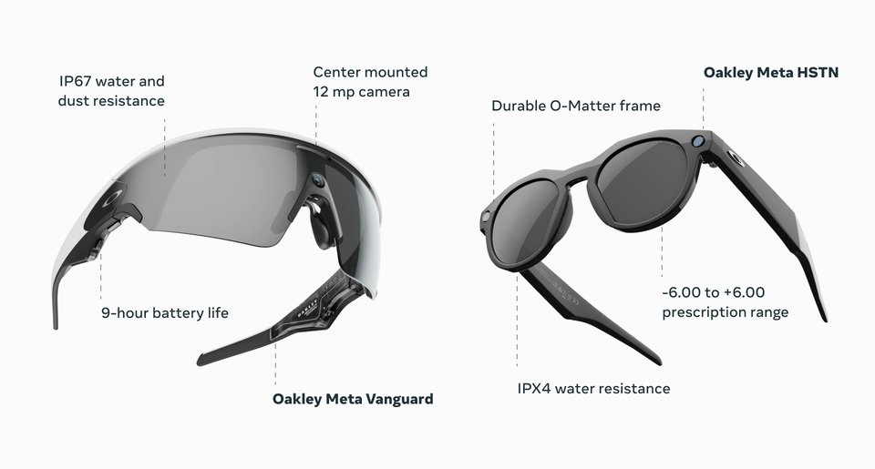 A GIF showing a features comparison between Oakley Meta Vanguard glasses and Oakley Meta HSTN glasses.