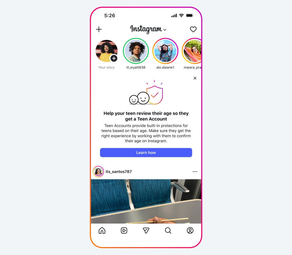 An image showing an Instagram notification for parents about how to check and confirm their teens’ ages.