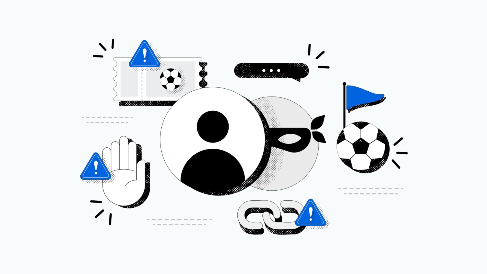Collage of illustrations representing scams, safety, and soccer, including a ticket, lock, soccer ball, and caution signs