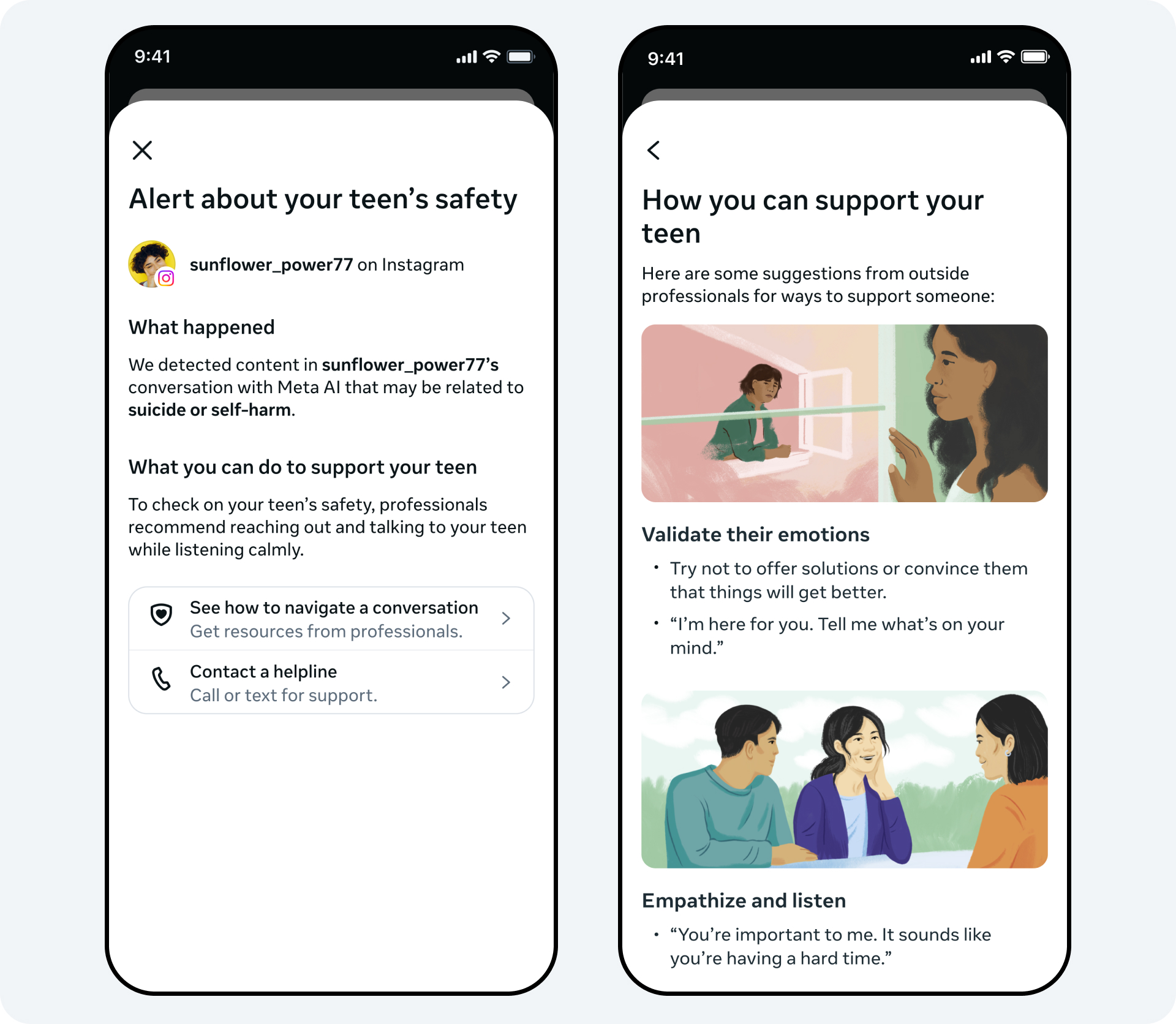 Illustration der neuen Benachrichtigungsfunktion von Meta, mit der Eltern über mögliche Suizid- oder Selbstverletzungsrisiken in Gesprächen ihrer Teenager mit Meta AI informiert werden.