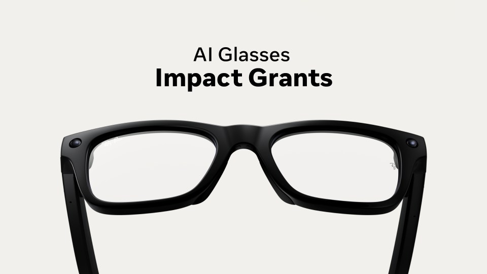 A pair of AI glasses with text above it that reads "AI Glasses Impact Grants"