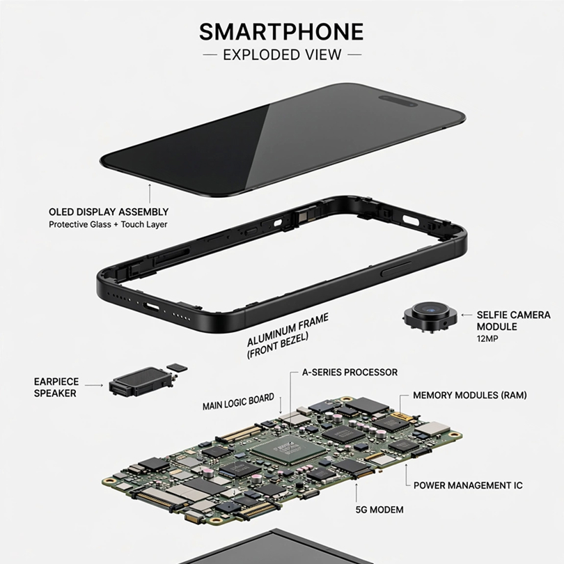 Exploded view diagram showing separated parts of a smartphone