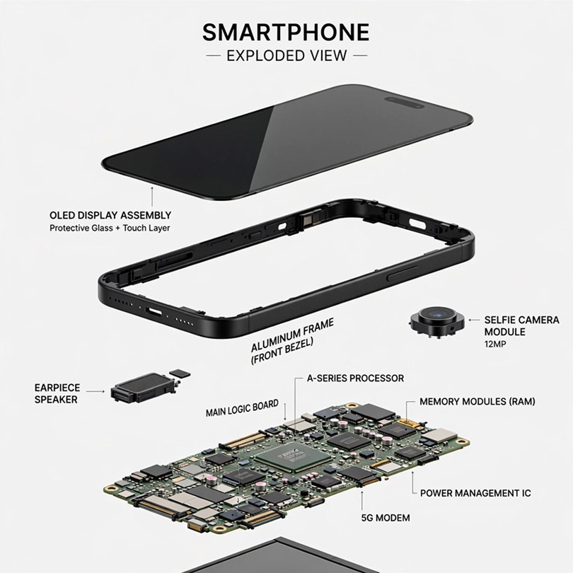 Exploded view diagram showing separated parts of a smartphone