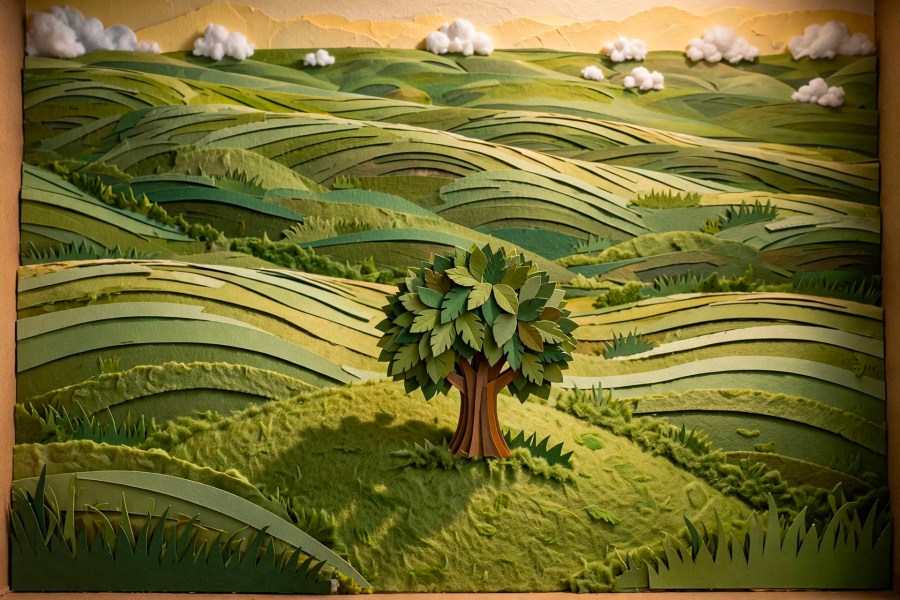 Layered papercraft diorama landscape with cotton clouds