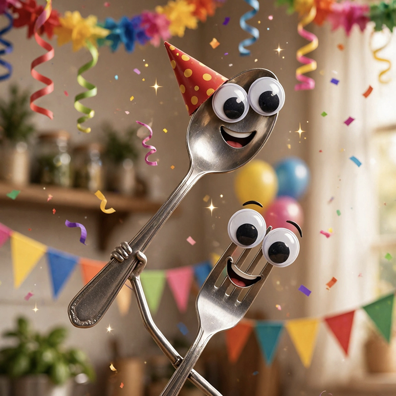 A spoon and fork with googly eyes celebrating