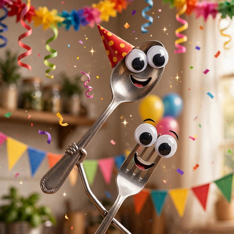 A spoon and fork with googly eyes celebrating