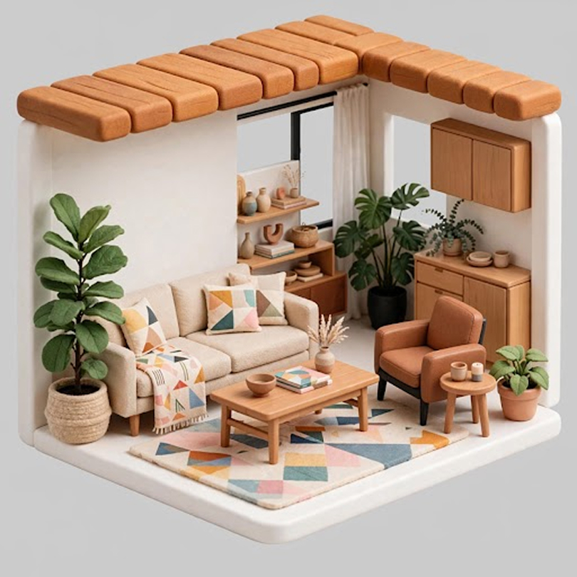Isometric 3D diorama of a room