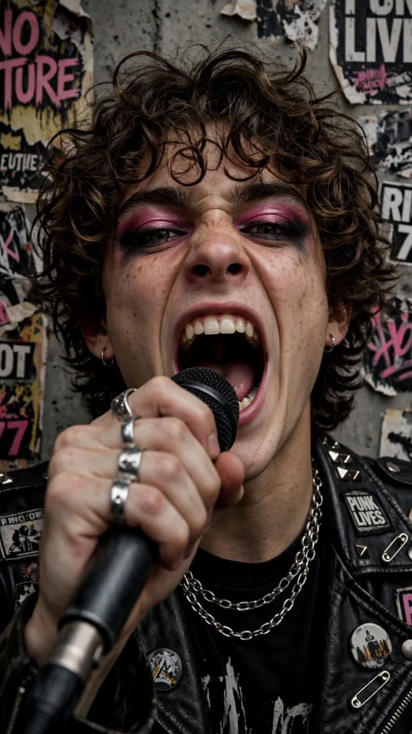 Rockstar screaming into a mic against vintage punk posters