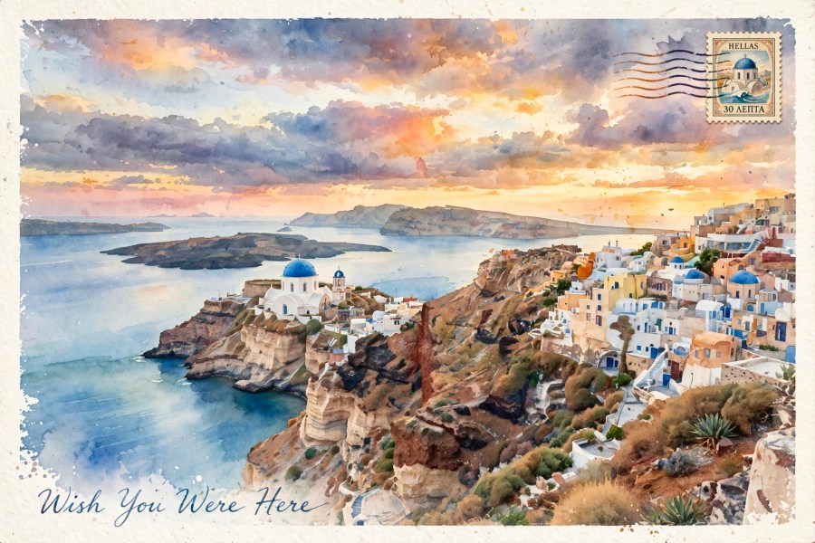 Soft dreamy watercolor postcard of ocean and cliffsides