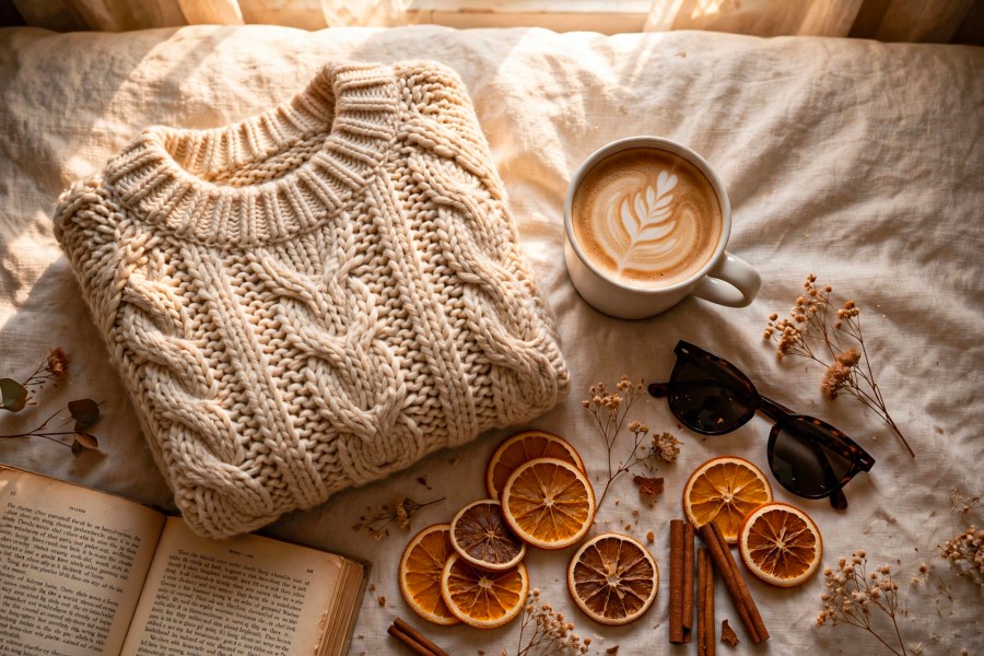 Flat lay of a sweater, coffee cup, and orange slices