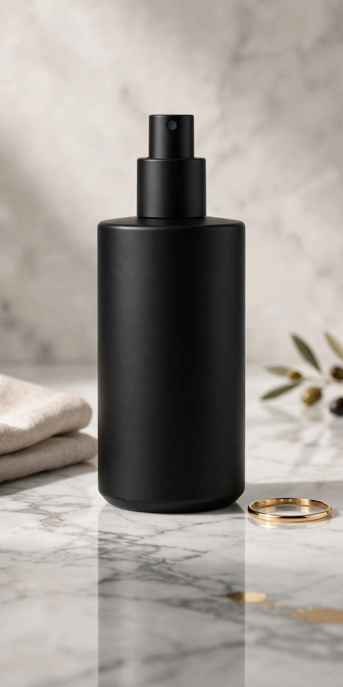 Photo of a product bottle against a marble background