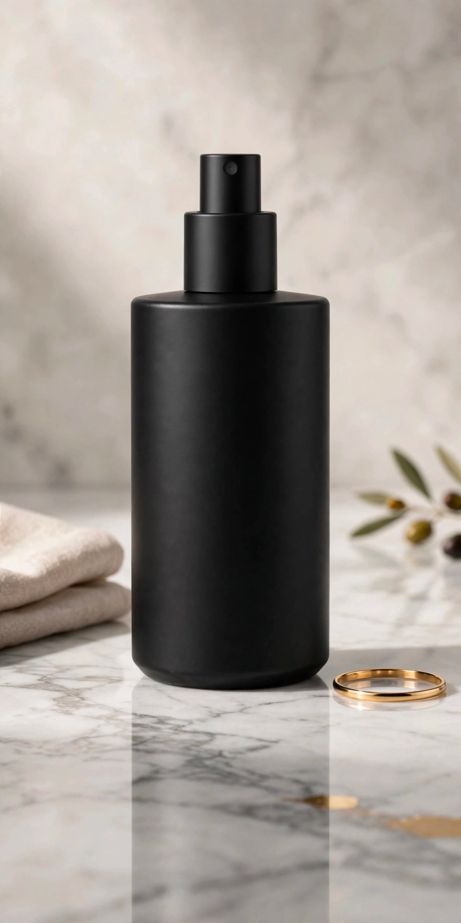 Photo of a product bottle against a marble background