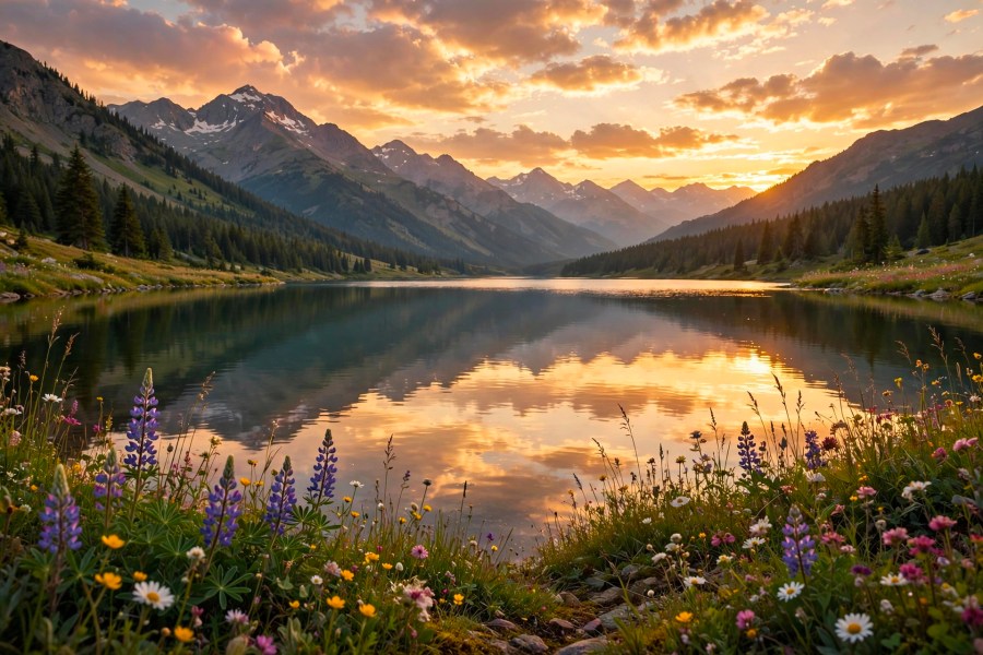 Sunset over a calm lake with mountains and golden light