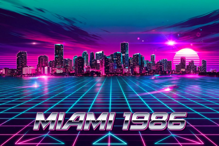 City skyline on a retro synthwave neon poster