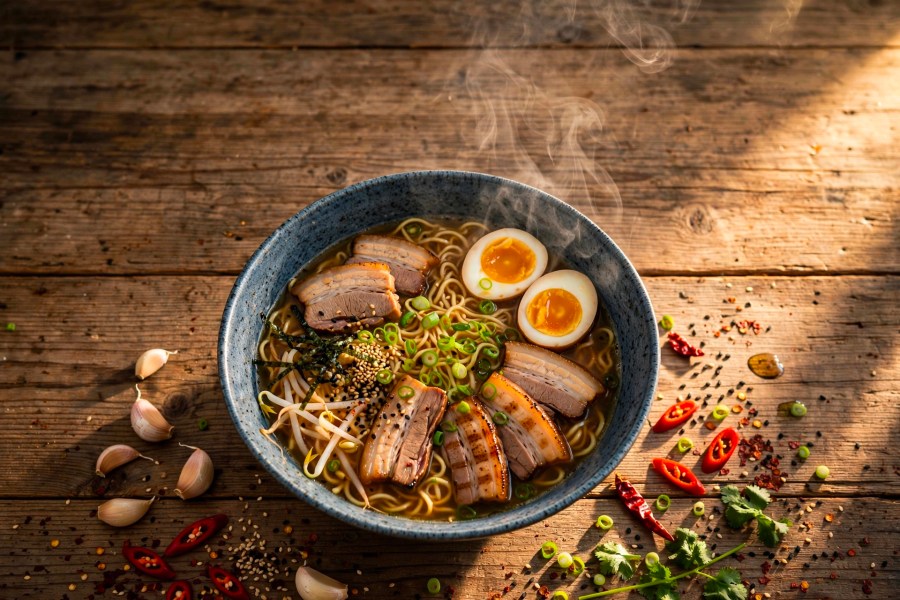 Bowl of ramen styled as a food magazine cover