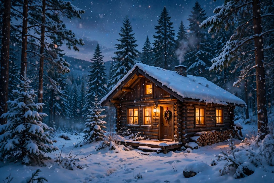 Cozy cabin in a snowy forest at twilight with warm window lights