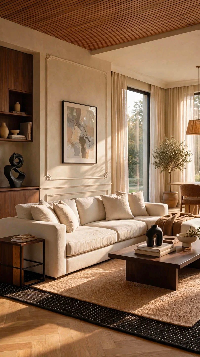 Room with a warm minimalist style and neutral tones
