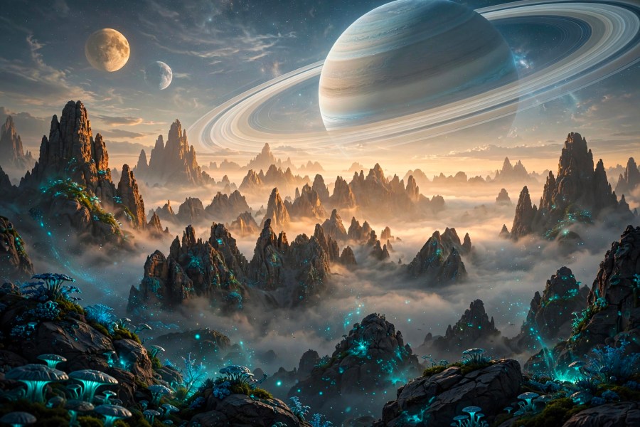 Sci-fi matte painting of a mountainscape and a planet