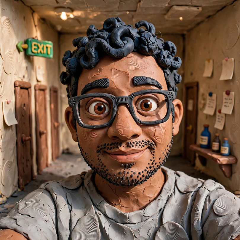 Claymation-style person taking a selfie
