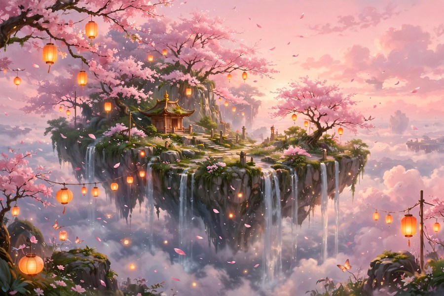 Floating island with waterfall and cherry blossoms in a pink sky