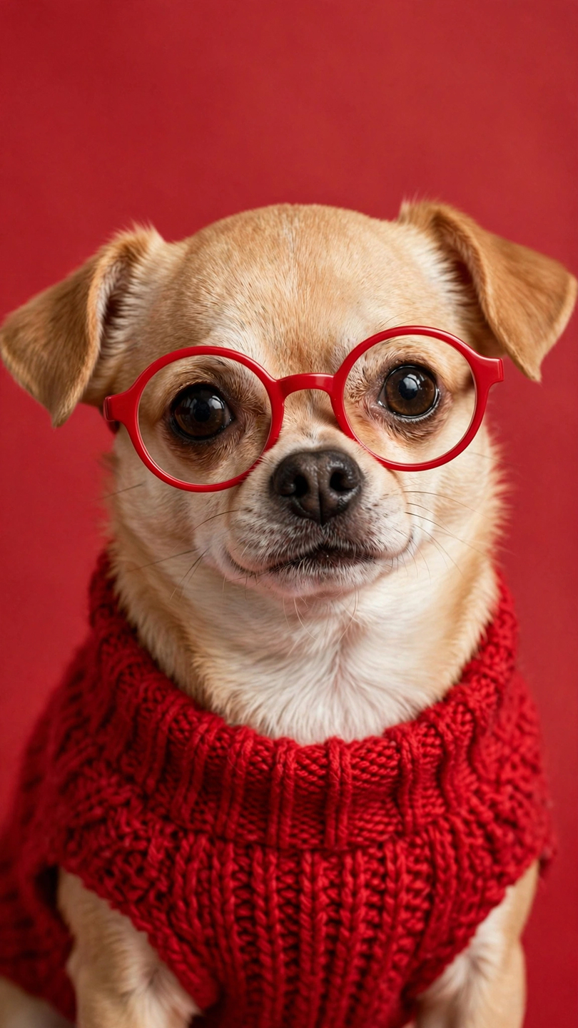 Dog wearing red glasses